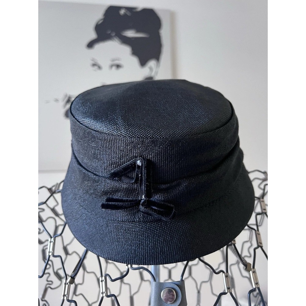 Vintage Black Straw Cloche Bucket Hat Velvet‎ Bow Accent Mid Century Style